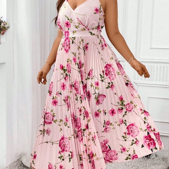 Pink Boho Women's Plus Size Floral Printed Pleated Sleeveless Cami Dress Outfit - Picture 7 of 7